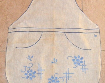 Apron, apron, linen, Blue Cross embroidery,
