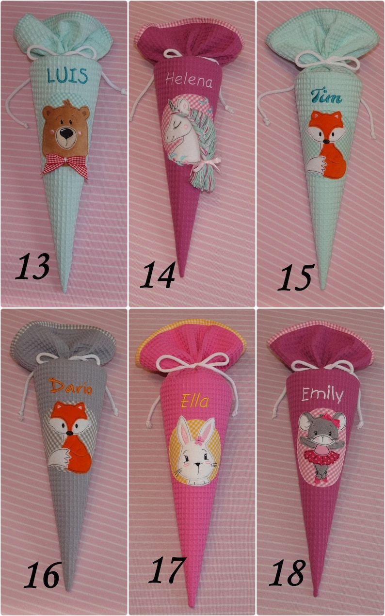 May include: Six cone-shaped fabric gift bags with drawstring closures, each featuring a unique embroidered animal character and a personalized name. The designs include a bear, unicorn, fox, rabbit, and mouse, rendered in various colors and textures.