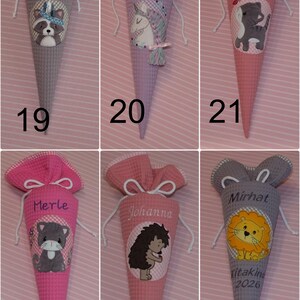 May include: Six cone-shaped fabric gift bags with waffle texture, each featuring a drawstring closure, a personalized name, and a unique embroidered animal or creature graphic. The bags are numbered 19 through 24 and come in various colors including gray, lavender, and pink.