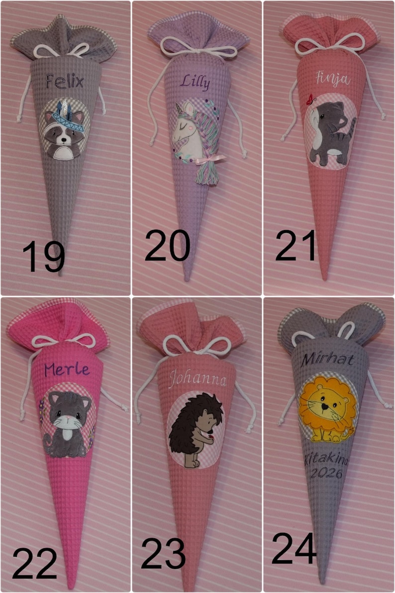 May include: Six cone-shaped fabric gift bags with waffle texture, each featuring a drawstring closure, a personalized name, and a unique embroidered animal or creature graphic. The bags are numbered 19 through 24 and come in various colors including gray, lavender, and pink.