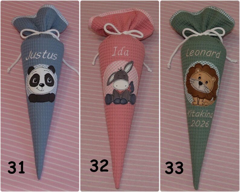 May include: Three cone-shaped fabric gift bags with waffle texture, drawstring closures, and gingham trim. The blue bag features a panda and the name Justus. The pink bag features a donkey and the name Ida. The green bag features a lion and the name Leonard.