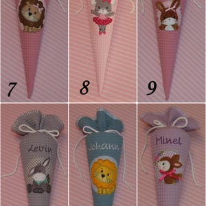 May include: Six cone-shaped fabric gift bags with waffle texture, each featuring a drawstring top, a personalized name, and an embroidered animal character. The bags are displayed in two rows of three, numbered seven through twelve.