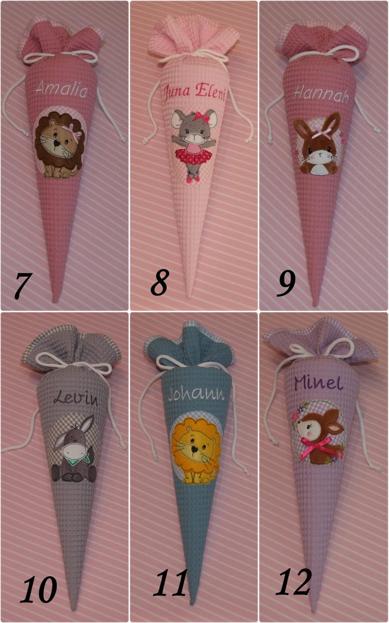 May include: Six cone-shaped fabric gift bags with waffle texture, each featuring a drawstring top, a personalized name, and an embroidered animal character. The bags are displayed in two rows of three, numbered seven through twelve.