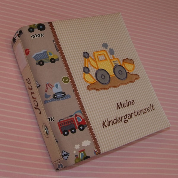 Kindergartenordner Portfolio Ordner Kindergarten Ordnerhülle Sammelmappe Ordnerhülle mit Namen Ordner A4 Bestickt Stickerei Bagger kimico