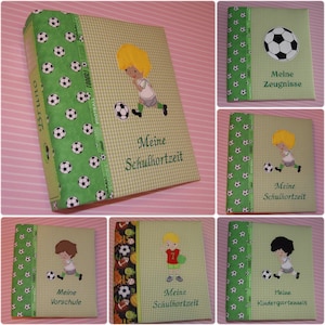 May include: Six green and white patterned binders with different embroidered designs. Each binder has a different title: "My Preschool", "My School Time", "My School Time", "My Kindergarten Time", "My School Time", and "My Certificates".