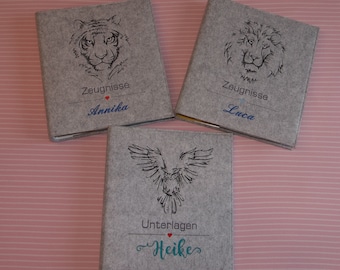 Certificate folder customizable certificate cover felt folder cover with name collection folder felt folder A4 embroidered kimico lion tiger owl wolf