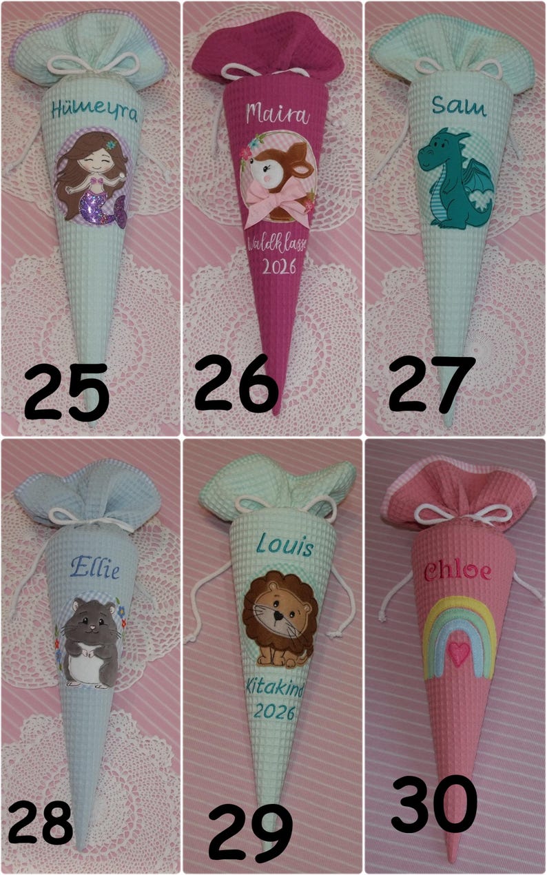 May include: Six cone-shaped fabric gift bags with waffle texture, each featuring a drawstring top and personalized embroidery. Designs include a mermaid, deer, dragon, hamster, lion, and rainbow, labeled with numbers 25 through 30.
