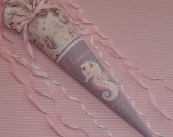 First Grade School Cone 70 cm Gift School Cone Embroidered Girl's First Day of School Seahorse Mermaid Underwater World Pastel kimico