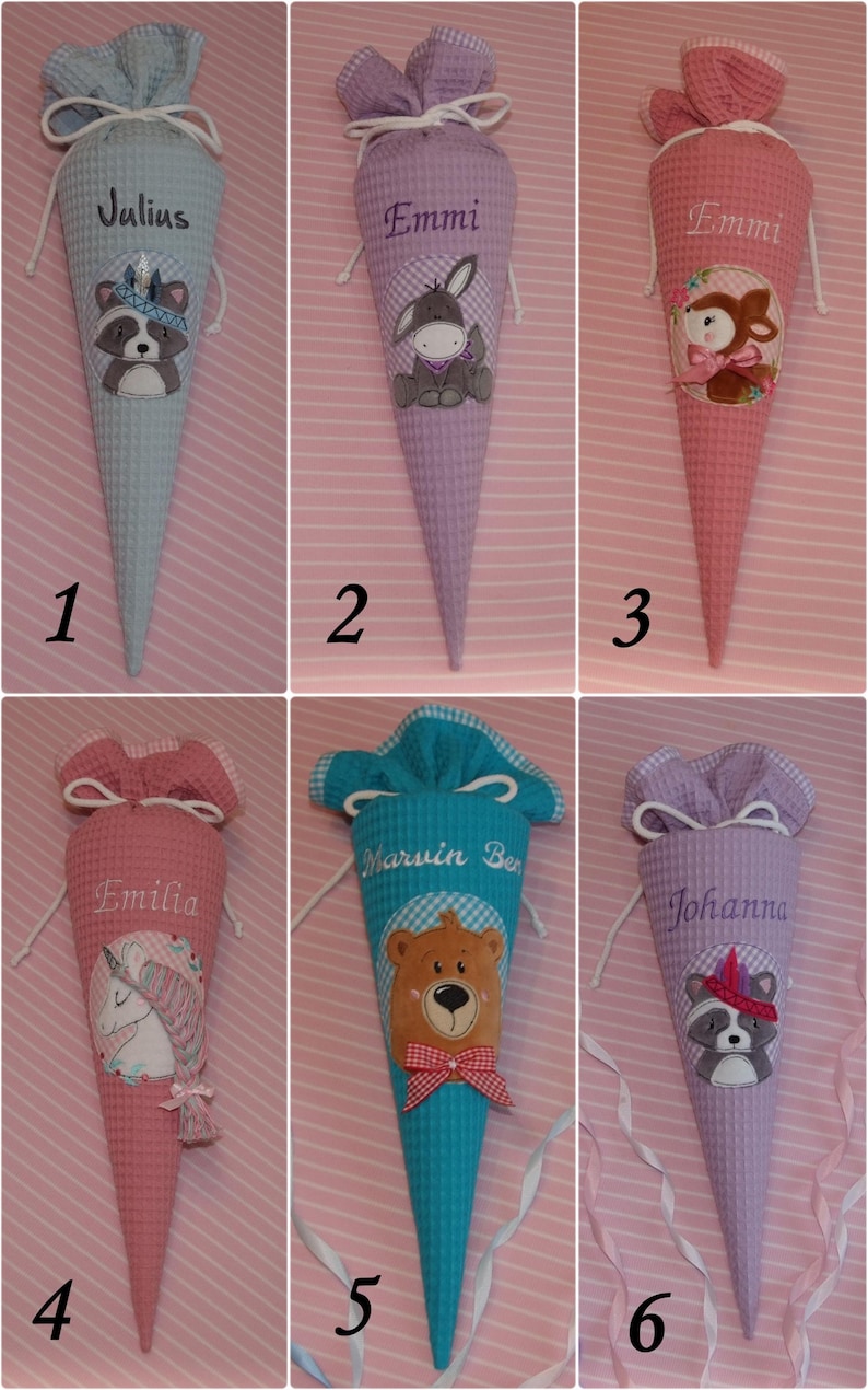 May include: Six cone-shaped fabric gift bags with waffle texture, each featuring a drawstring top, embroidered names, and animal or mythical creature appliqu&eacute;s. The designs include a raccoon, donkey, deer, unicorn, bear, and another raccoon in various colors.