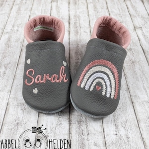 Crawling shoes, leather slippers with rainbow embroidered in gray genuine leather image 1