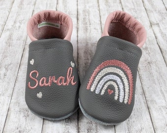 Crawling shoes, leather slippers with rainbow embroidered in gray genuine leather