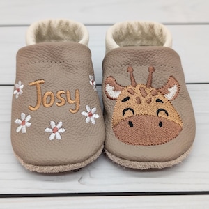 Krabbelschuhe aus Leder mit Giraffe  - Personalisierbare Lederpuschen mit Name