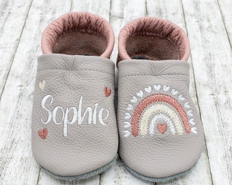 Crawling shoes leather slippers in light grey with rainbow embroidered made of genuine leather with name