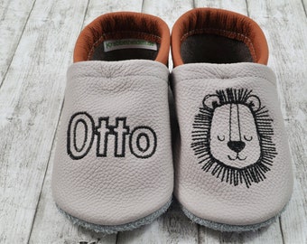 Leather slippers baby crawling shoes embroidered with name and lion