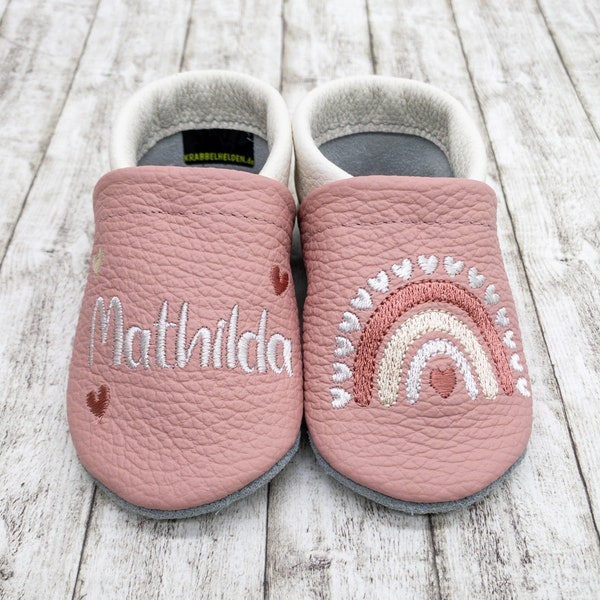 Crawling shoes with rainbow in old pink embroidered made of real leather leather slippers