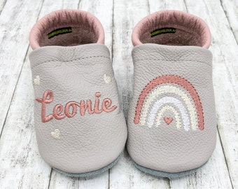 Baby shoes, leather booties embroidered with a rainbow in antique rose, genuine leather • Baby gift