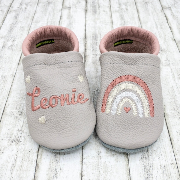 Crawling shoes, leather slippers with rainbow embroidered in antique pink genuine leather