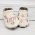 Baby shoes • Leather slippers in beige and camel embroidered with pink flowers, made of genuine leather - personalized gift - slippers for children product logo