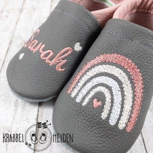 Crawling shoes, leather slippers with rainbow embroidered in gray genuine leather image 2