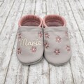 Crawling shoes • Leather slippers in light grey with pink flowers embroidered from genuine leather personalized gift product logo