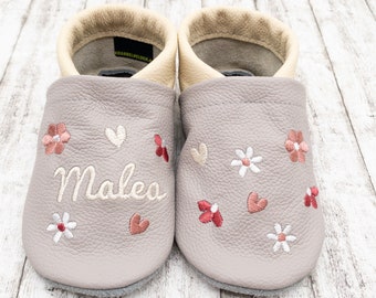 Crawling shoes leather slippers with colorful flowers embroidered from real leather personalized