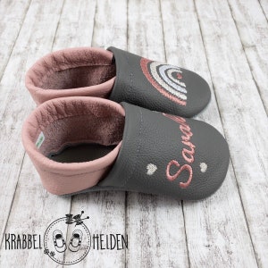 Crawling shoes, leather slippers with rainbow embroidered in gray genuine leather image 5