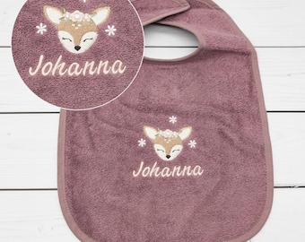 Personalisierbares Baby Lätzchen mit Reh – Weiches Frottee mit niedlichem Tiermotiv & Namen tolle Geschenkidee für Babys