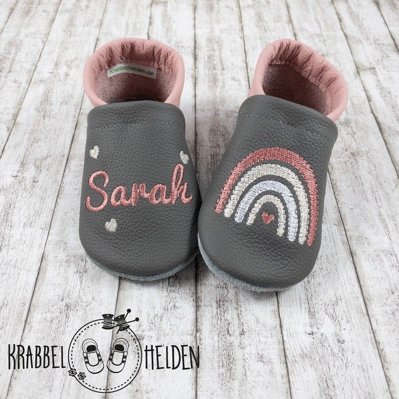Crawling shoes, leather slippers with rainbow embroidered in gray genuine leather image 1