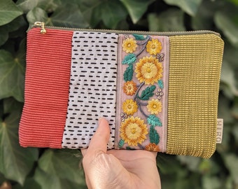 Patchwork pouch, with flower, Spring collection, gift for her, zipper bag, Cosmetic pouch