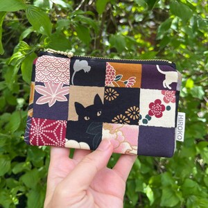 Mini pochette en tissu à fermeture éclair/petit portefeuille, chat japonais, noir, pour homme, kimono