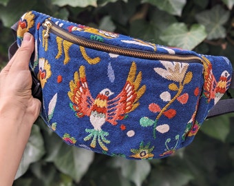 Bauchtasche, Vogel im blauen Dschungel, Punkte, Stoff Tasche