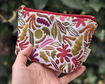 Coral Mini pouch, Pink Flower, Small wallet, Jacquard Fabric, gift for her