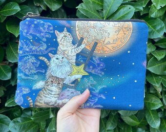 Estuche plano de tela con cremallera, Gato japonés, Azul marino claro, Tela de pana, Diseño japonés, Regalo para amantes de los gatos