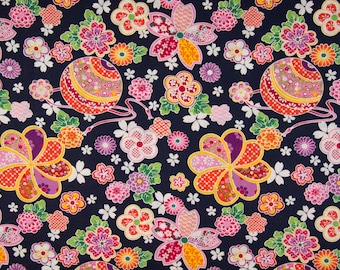 Baumwoll Stoff Popeline mit japanischem Blumen Print Laternen 100% CO