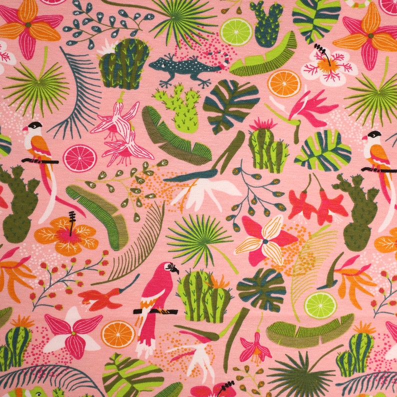 Colorful jersey fabric Knit Tropical Parrot Pink image 2