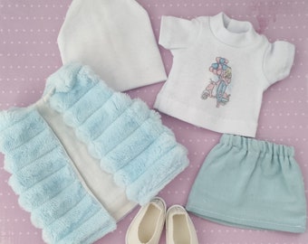 Paola Reina Outfit Set: shoes, vest, hat, t-shirt and skirt/ Little Darling outfit for 32 cm (12-13 inch) dolls