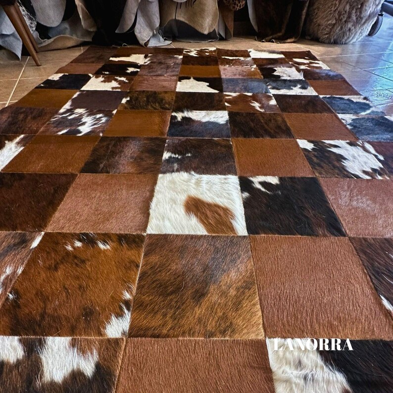 Large Cowhide Patchwork Rug – Tricolor Brown White Genuine Leather Area ...