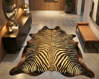 Handmade Dark Brown Cowhide Rug, Gold Zebra Print, Luxury Western Decor