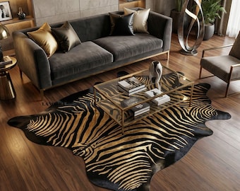 Handmade Copper Zebra Cowhide Rug, Metallic Leather Animal Print
