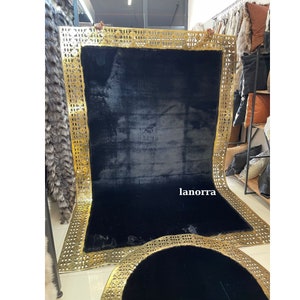 Faux Leather Area Rug, Shaggy Rugs for Living Room Black Fluffy Rug Gold Frame, High Quality Plush Rug, Luxury Soft Rug, Soft Plush Rug
