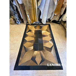 Natural Cowhide Patchwork Rug, Handmade Cowhide Carpet, Home Decor Cow Skin Rug, Hair-on-Leather Patchwork Rug