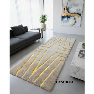 Modern Cream Rug with Gold Accents – Luxury Geometric Designer Carpet – Contemporary Living Room Area Rug – Plush Soft Decor