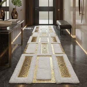 Wit pluche patchwork vloerkleed, pluizig tapijt van imitatiekonijnenbont, modern glamoureus decor