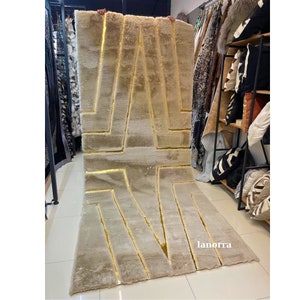 Luxury Beige Gold Faux Plush Rug, Faux Leather Large Area Rug, Plush Living Room Rug, Fluffy Rug, Area Rug, Unique Soft Carpet, Shaggy Rug