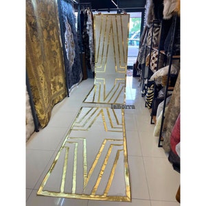 Luxury Premium Geometric Plush Hallway Rug, Faux Leather Runner Rug, White and Gold Fluffy Rug, White Plush Rug, Shaggy Rug, Luxury Soft Rug