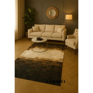 Modern Ombre Cowhide Patchwork Rug – Handcrafted Gradient Leather Area Carpet – Natural Hide Rug for Living Room or Office