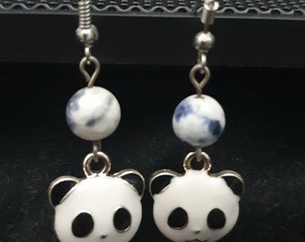 Silber Platiert Ohrhaken Sodalith und Panda Ohrringe