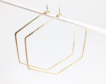 Hoop Earrings - Hexagon, Goldfilled, Large, Polygon, Filigree Earrings, Hammered, Closed Design, Geometric Everyday Jewelry