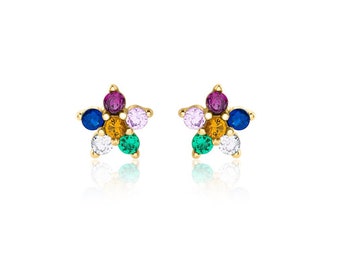 Ear studs - SMALL FLOWER with colorful ZIRCONIA, 925 silver or silver gold plated