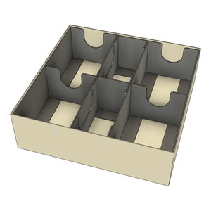 Puede incluir: Una caja de cartón beige con un inserto extraíble. El inserto tiene seis compartimentos, cada uno con un divisor negro. Los compartimentos están diseñados para contener cartas u otros artículos pequeños.